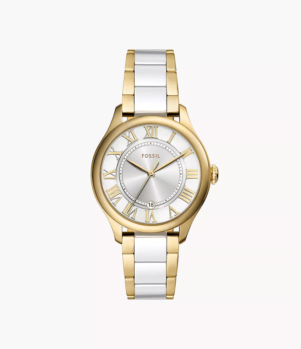 Gilmore Three-Hand Date Gold-Tone and White Ceramic Watch | Fossil | Luby 