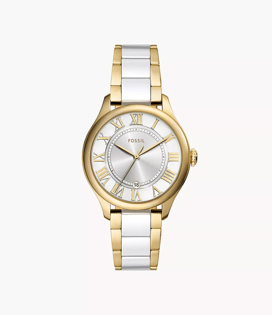 Gilmore Three-Hand Date Gold-Tone and White Ceramic Watch | Fossil | Luby 