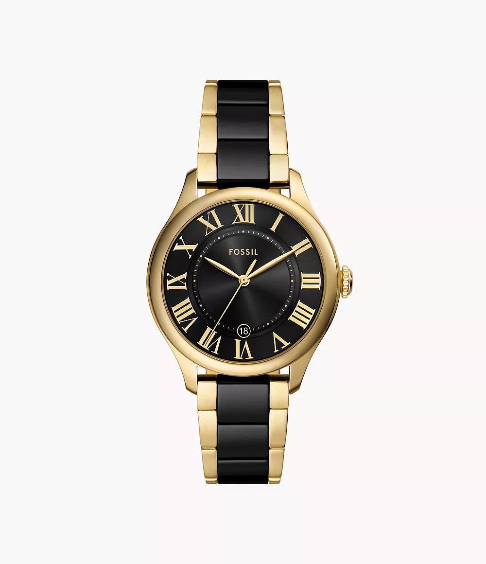 Gilmore Three-Hand Date Gold-Tone and Black Ceramic Watch | Fossil | Luby 
