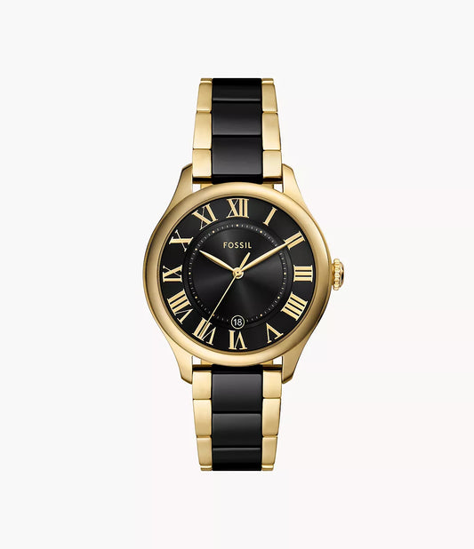 Gilmore Three-Hand Date Gold-Tone and Black Ceramic Watch | Fossil | Luby 