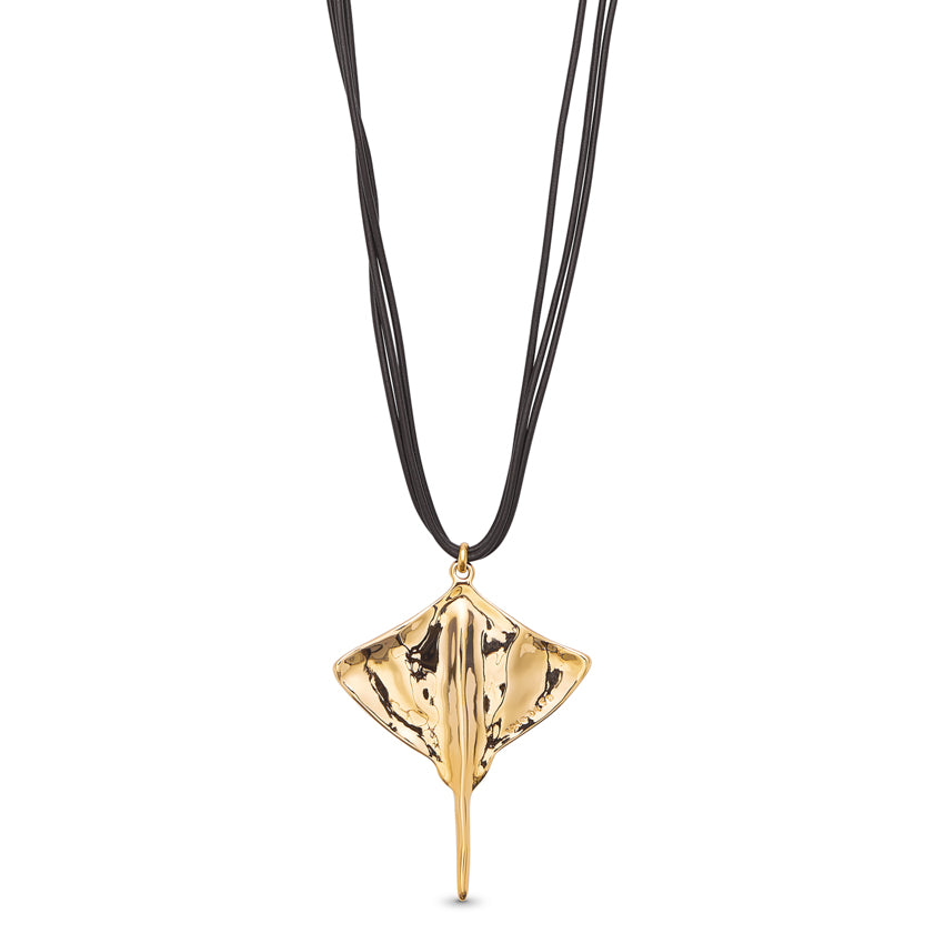 Long Leather Necklace Pendant with Manta Ray with 18K gold Plated