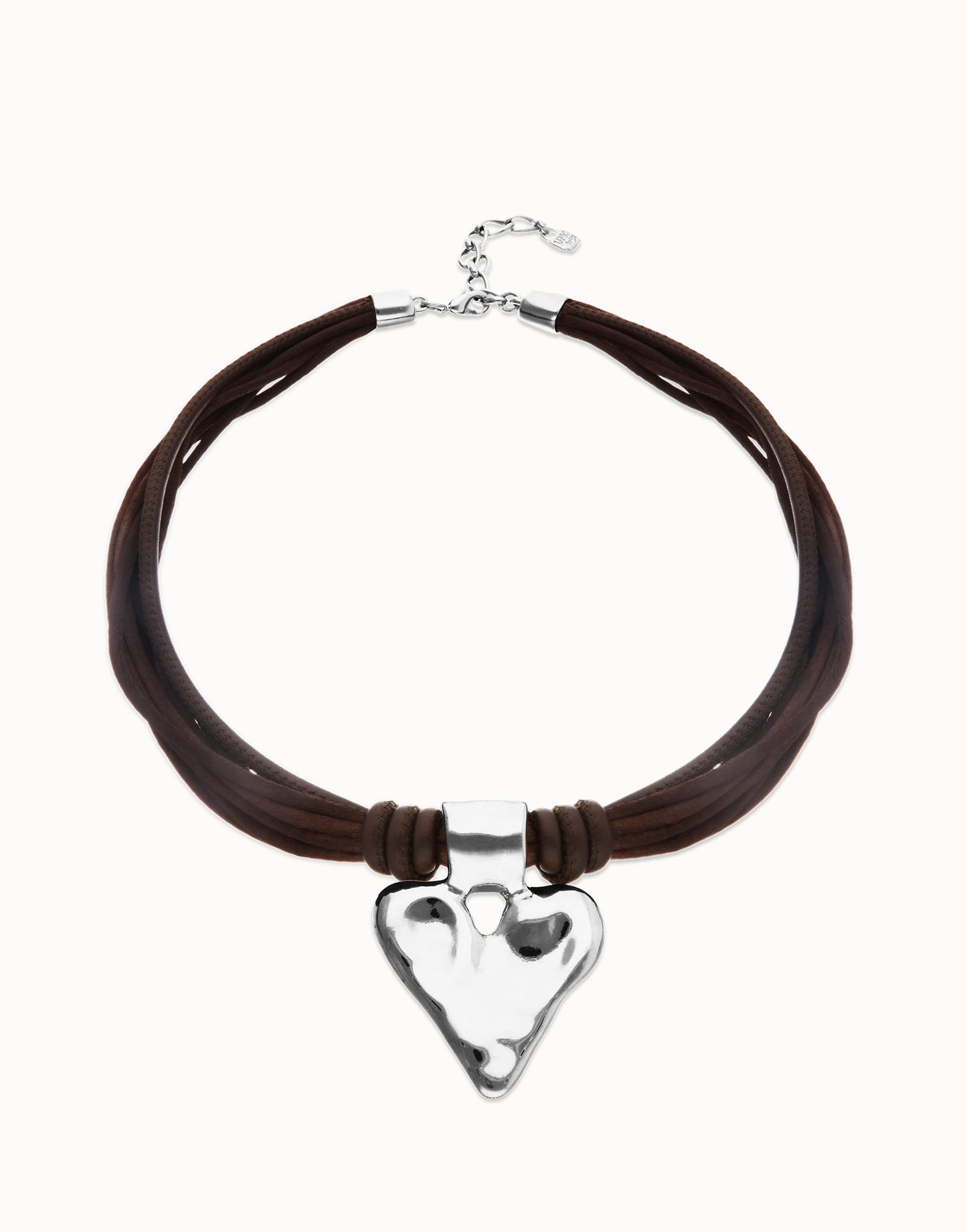 Brown leather and silk thread necklace with heart detail | Uno de 50 | Luby 