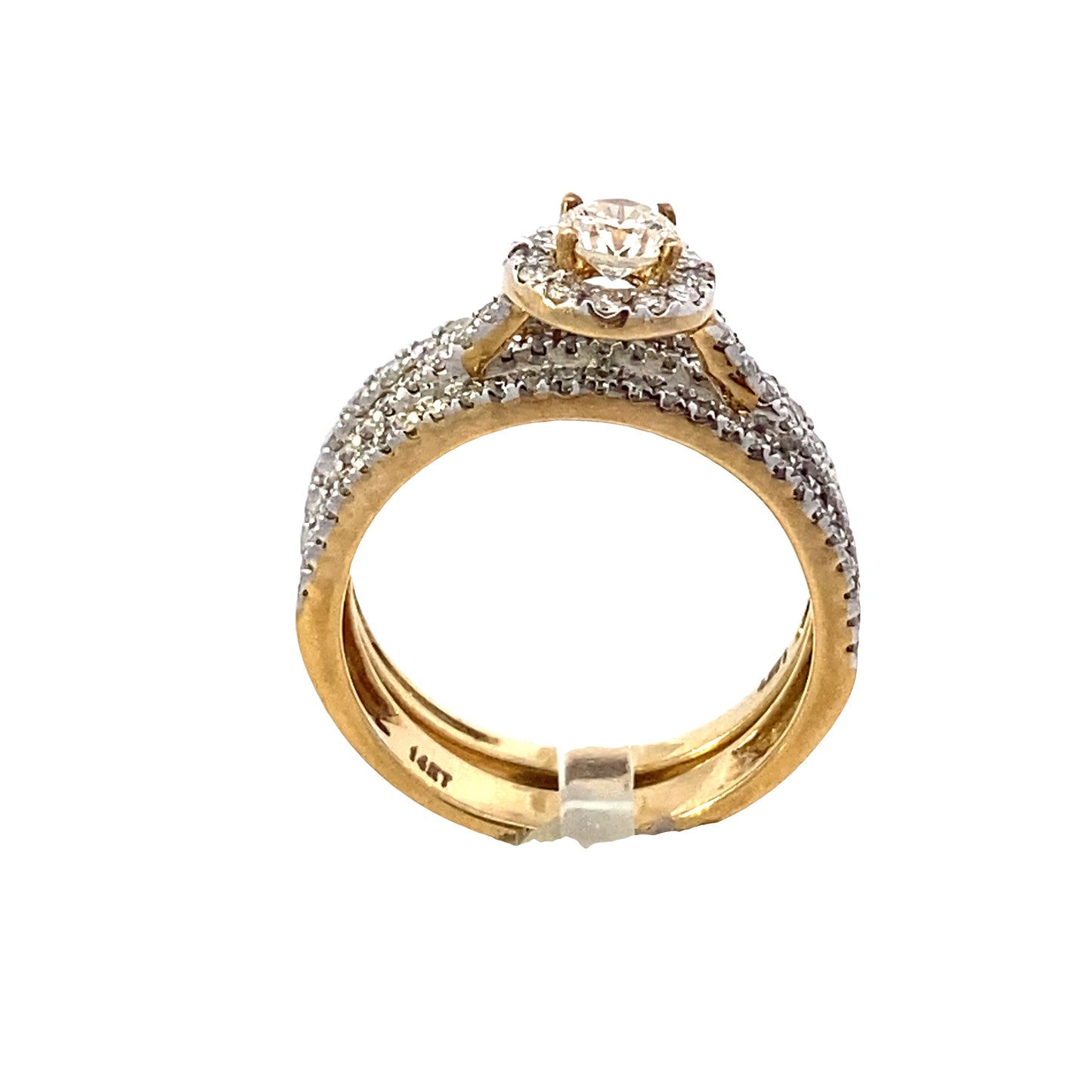 14k Triple Diamond Band Round-Cut Halo Diamond Yellow Gold Wedding Set | Luby Diamond Collection | Luby 