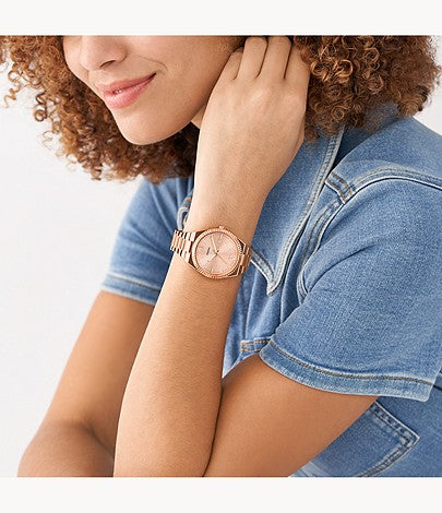 Scarlette Three-Hand Date Rose Gold-Tone Stainless Steel Watch | Fossil | Luby 