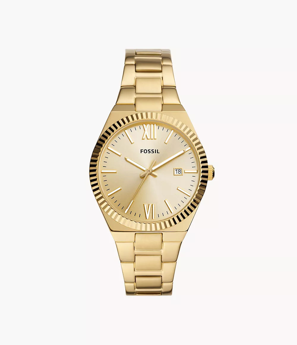 Scarlette Three-Hand Date Gold-Tone Stainless Steel Watch | Fossil | Luby 