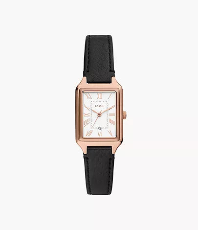 Raquel Three-Hand Date Black LiteHide™ Leather Watch | Fossil | Luby 