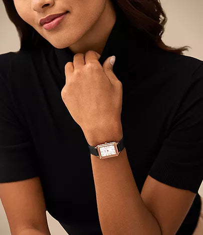 Raquel Three-Hand Date Black LiteHide™ Leather Watch | Fossil | Luby 