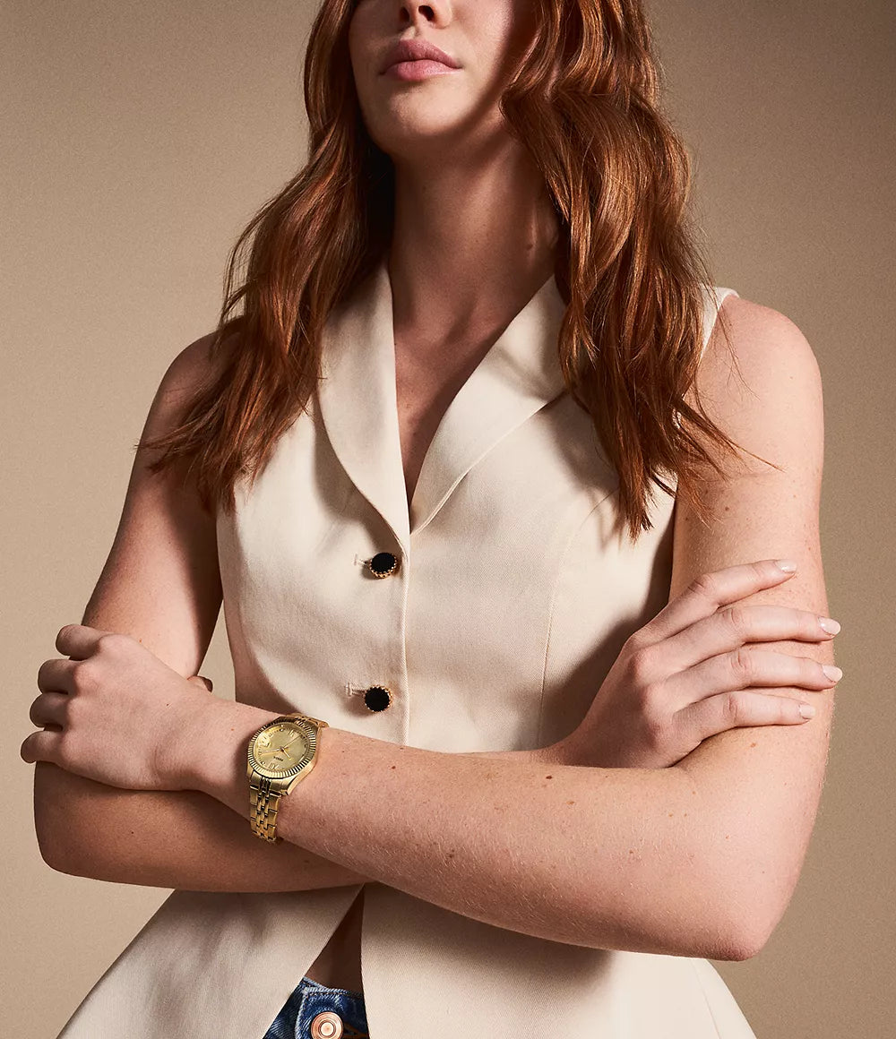 Scarlette Three-Hand Date Gold-Tone Stainless Steel Watch | Fossil | Luby 
