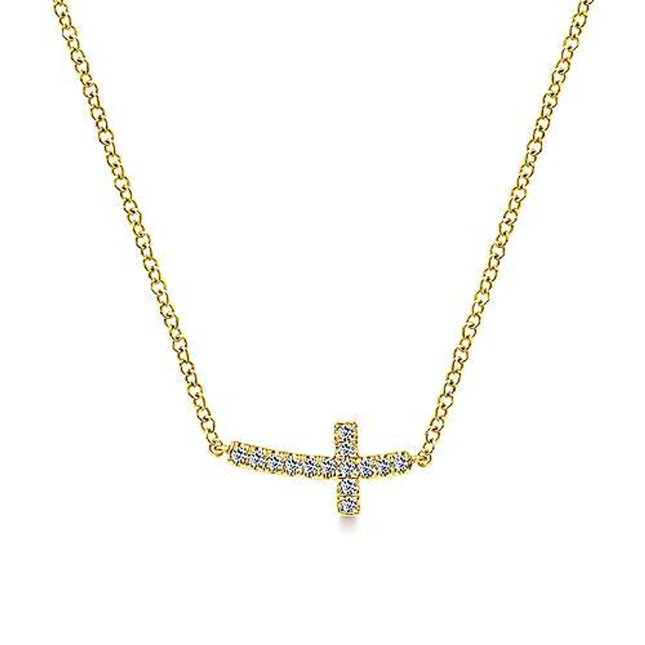 14K Yellow Gold Sideways Curved Diamond Cross Necklace | Gabriel & Co. | Luby 