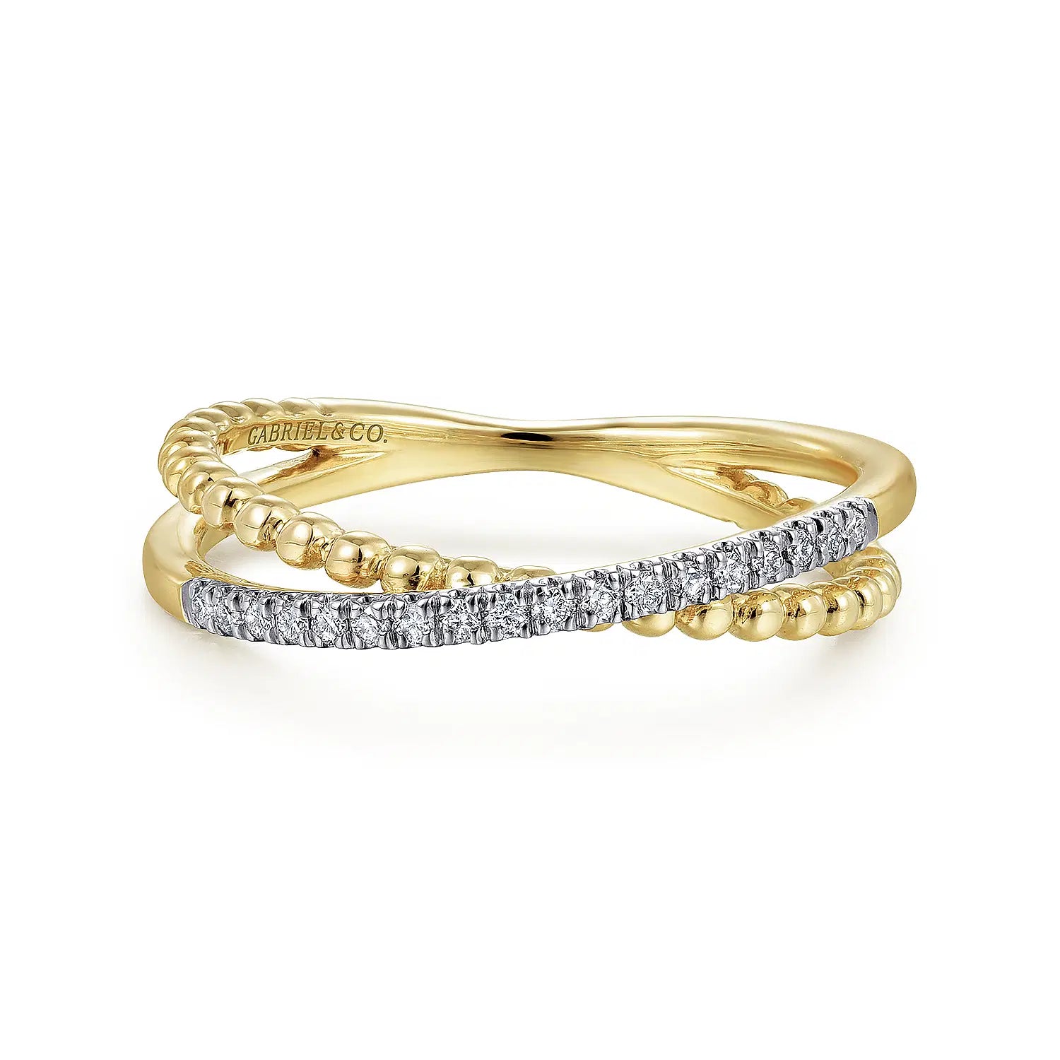 14K Yellow Gold Bujukan Pave Diamond Criss Cross Stackable Ring | Gabriel & Co. | Luby 