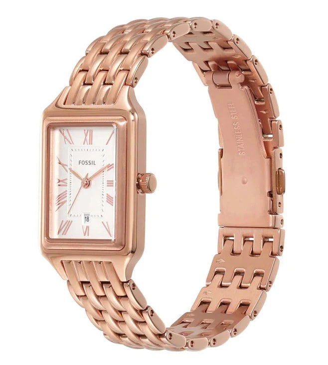 Raquel Three-Hand Date Rose Gold-Tone Stainless Steel Watch | Fossil | Luby 