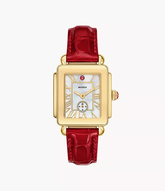 Deco Sport Mid Gold-Plated Ruby Red Leather Watch | Michele | Luby 