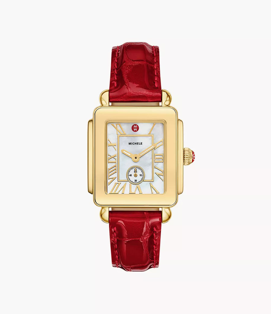 Deco Sport Mid Gold-Plated Ruby Red Leather Watch