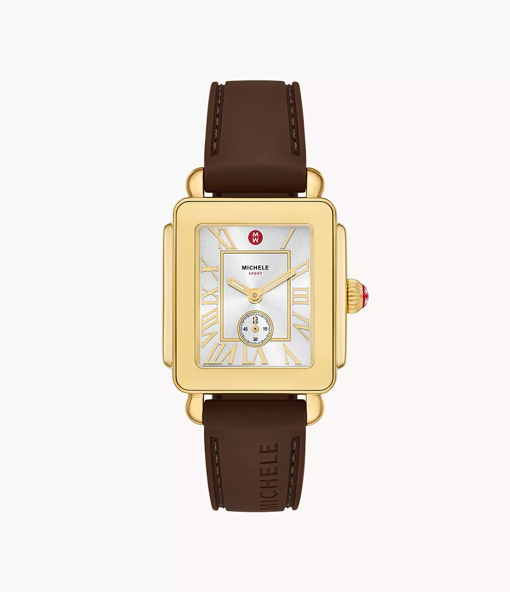 Deco Sport Mid Gold-Tone Brown Silicone Watch | Michele | Luby 