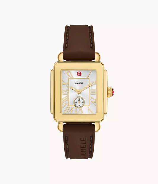 Deco Sport Mid Gold-Tone Brown Silicone Watch | Michele | Luby 