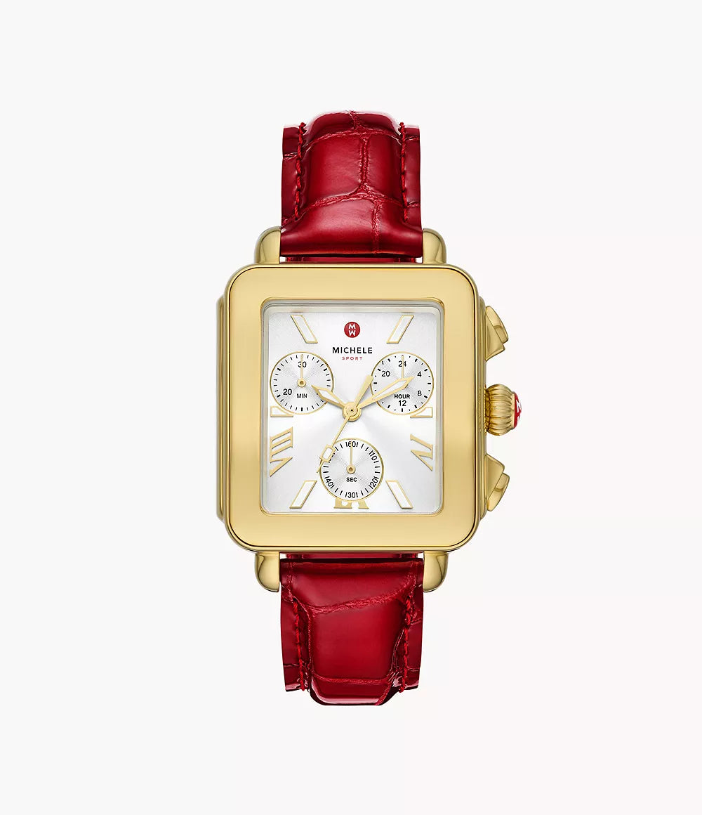 Michele Deco Sport 18K Gold-Plated Ruby Red Leather Watch | Michele | Luby 