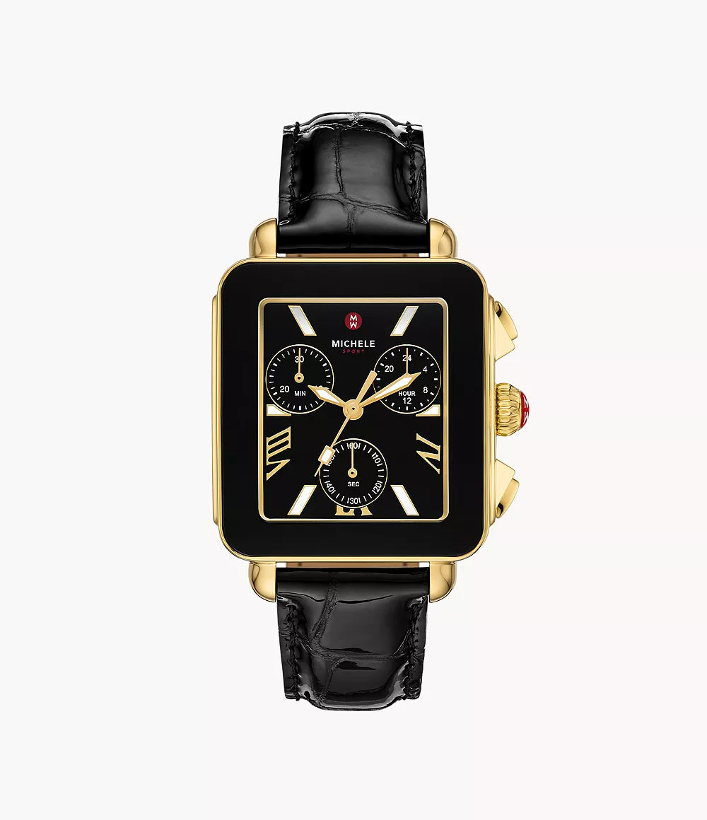 Deco Sport Chronograph 18K Gold-Plated Stainless Steel Noir Leather Watch | Michele | Luby 
