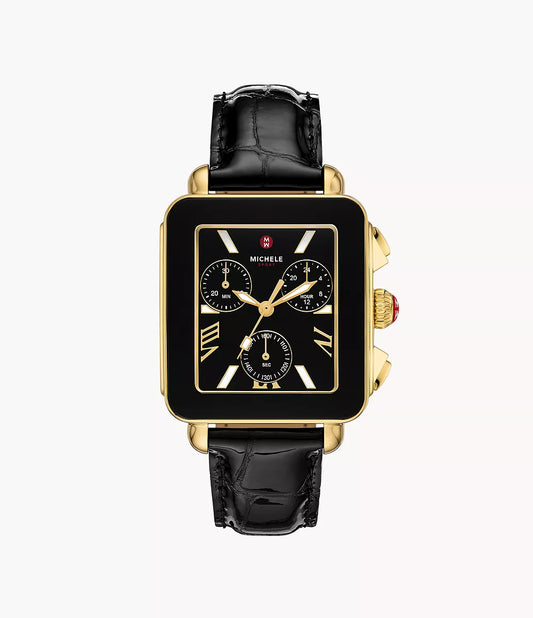 Deco Sport Chronograph 18K Gold-Plated Stainless Steel Noir Leather Watch