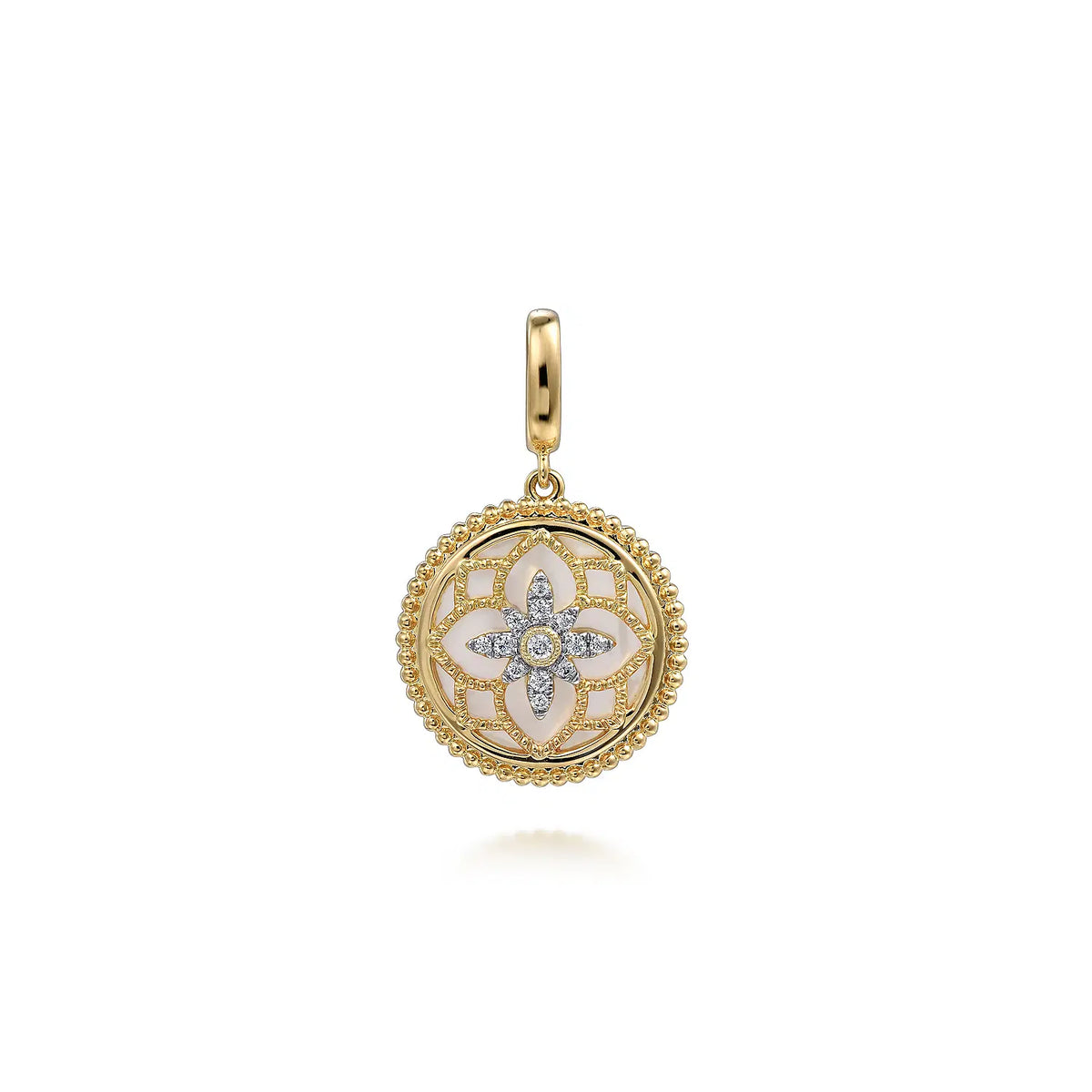 14K Yellow Gold Bujukan Diamond and Mother of Pearl Medallion Pendant in size 18mm | Gabriel & Co. | Luby 