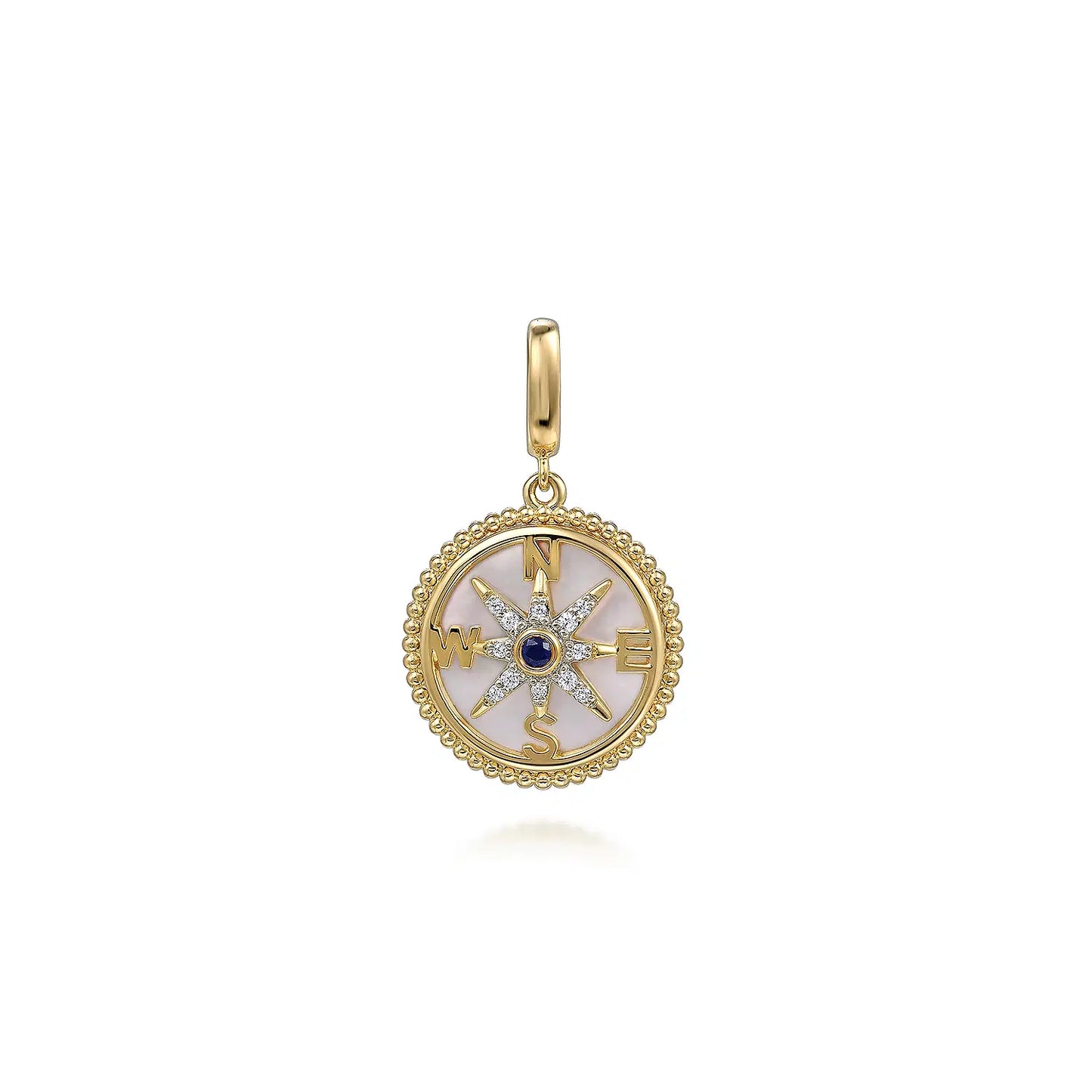 14K Yellow Gold 18mm Bujukan Diamond Compass Mother of Pearl Medallion Pendant | Gabriel & Co. | Luby 