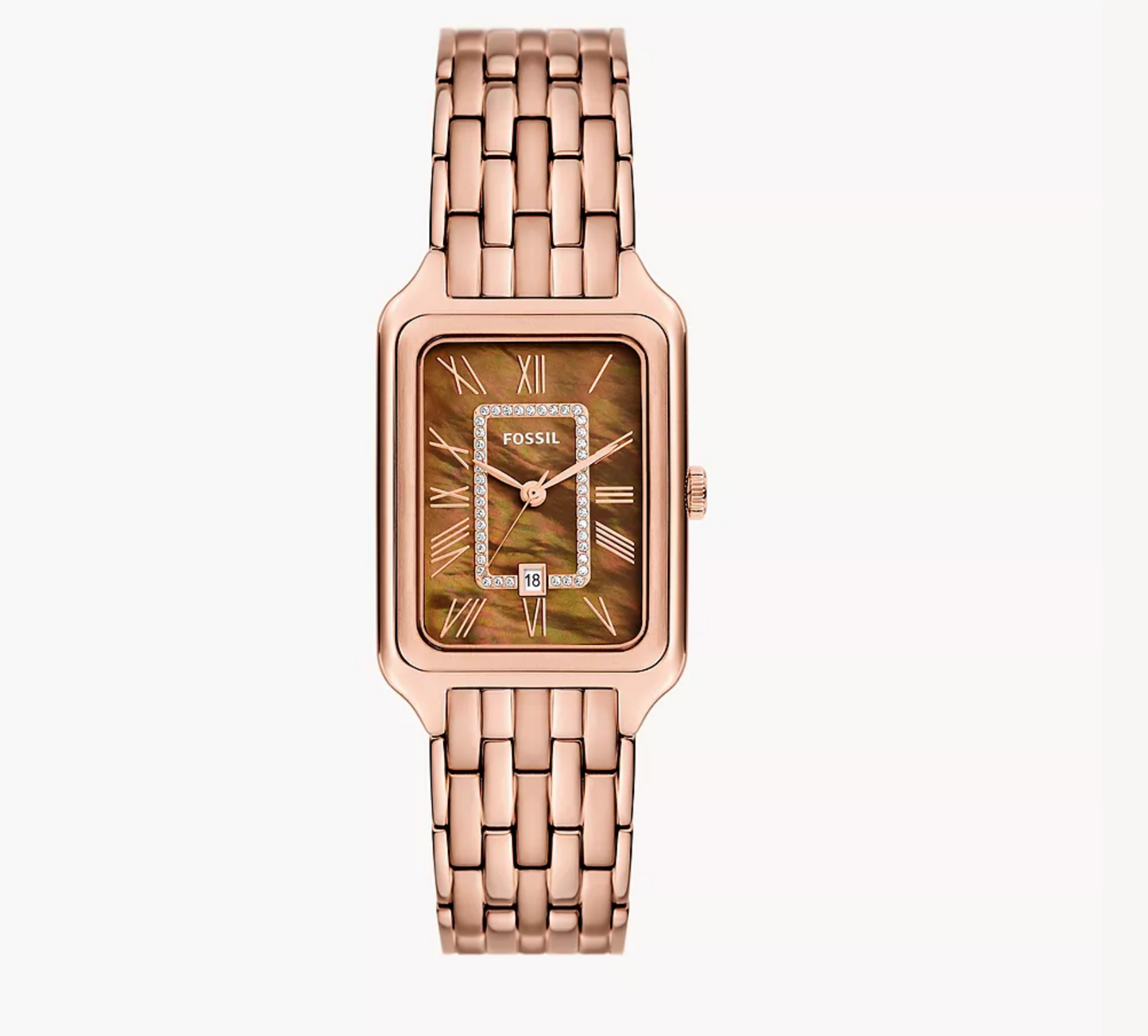 Raquel Three-Hand Date Rose Gold-Tone Stainless Steel Watch | Fossil | Luby 