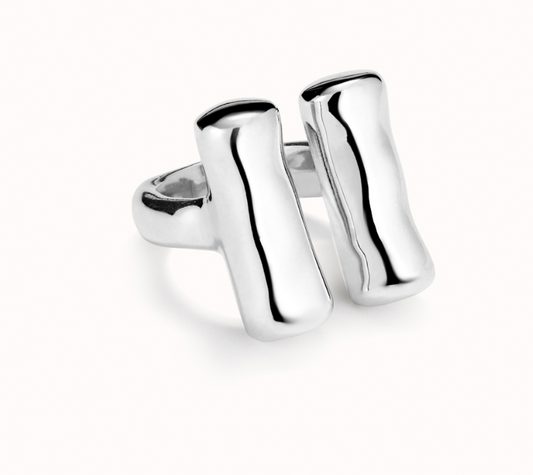 Sterling silver-plated ring with two vertical tubes