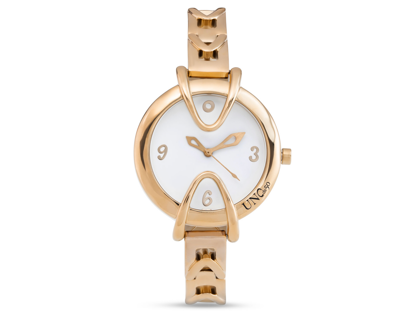Splendid 18K gold-plated watch with metal strap and round white dial | Uno de 50 | Luby 