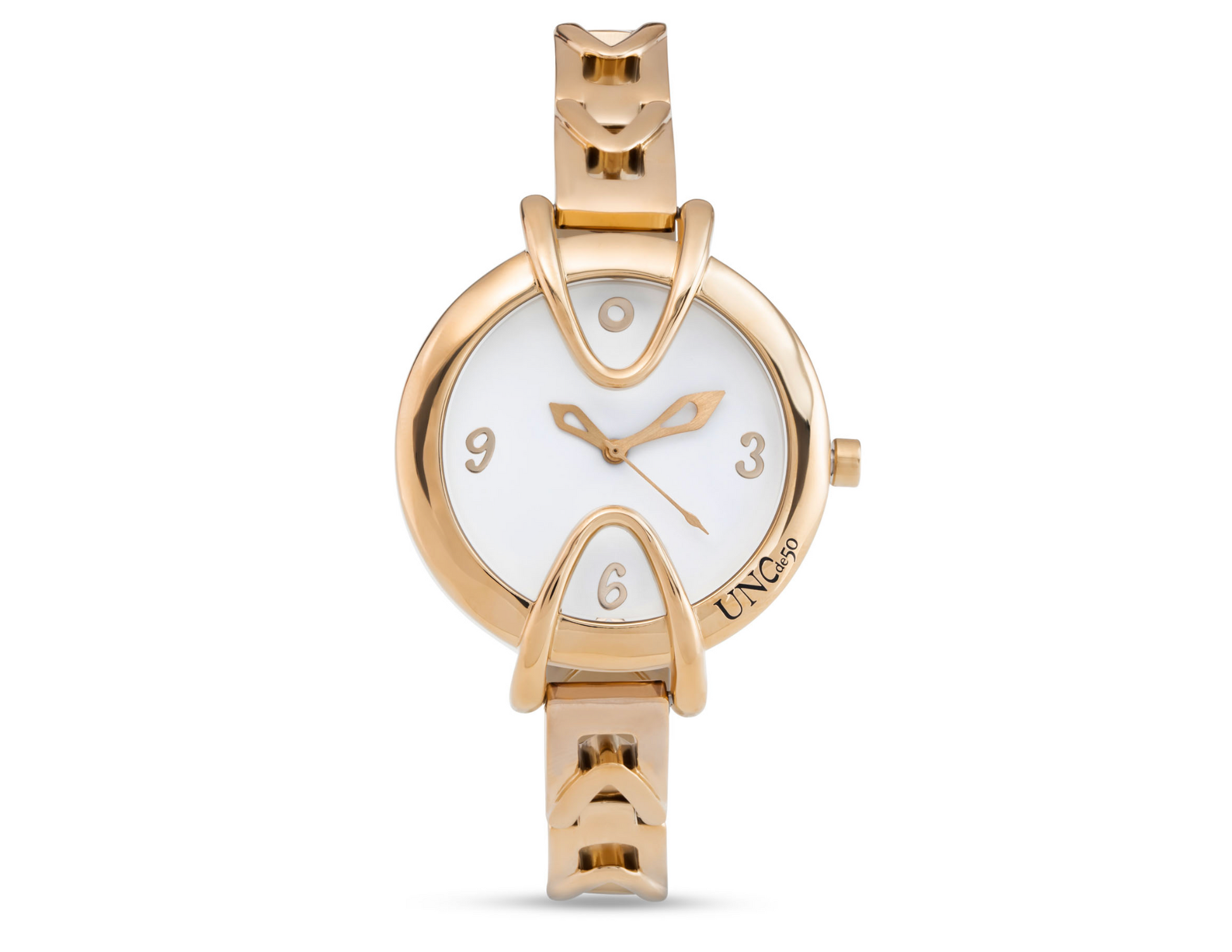 Splendid 18K gold-plated watch with metal strap and round white dial | Uno de 50 | Luby 