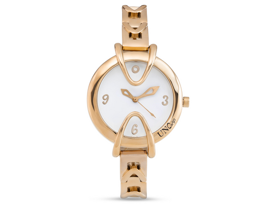 Splendid 18K gold-plated watch with metal strap and round white dial | Uno de 50 | Luby 