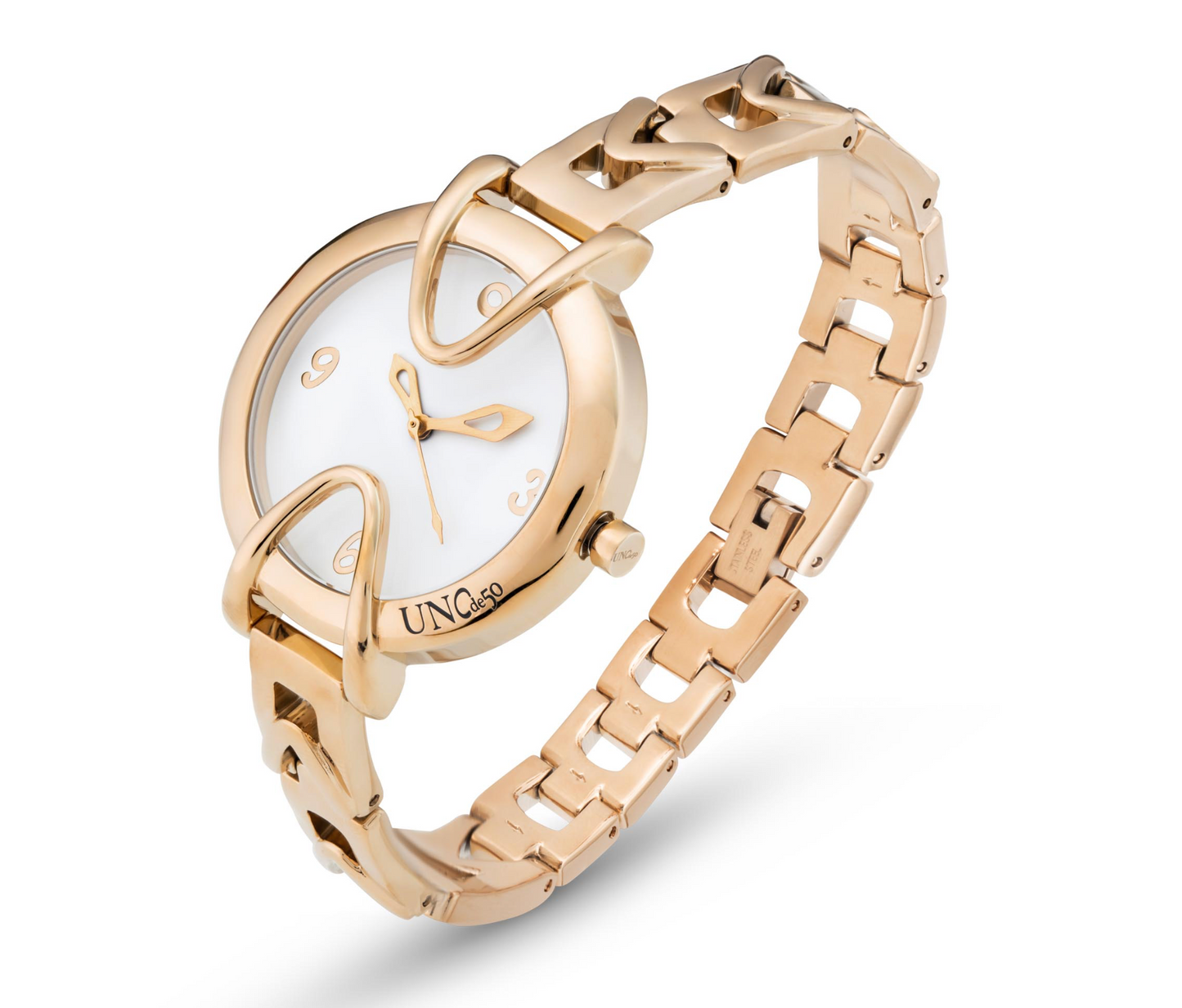 Splendid 18K gold-plated watch with metal strap and round white dial | Uno de 50 | Luby 