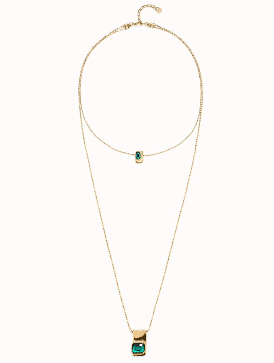 Double 18K gold-plated chain with green crystals
