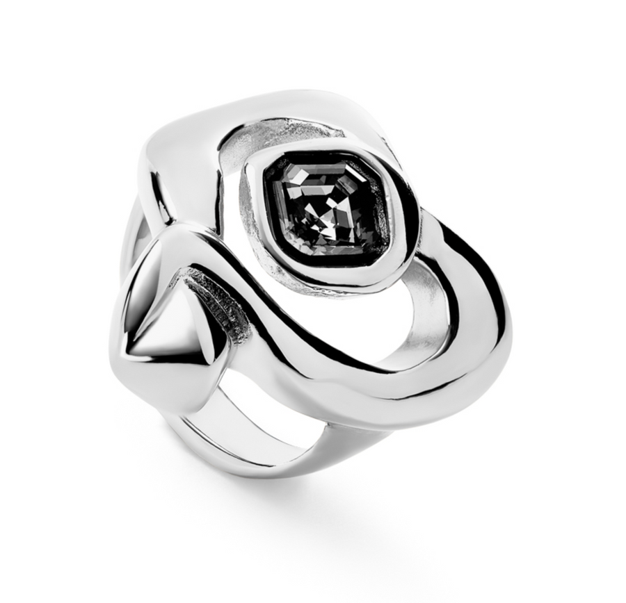 Sterling silver-plated ring with large heart and central black crystal