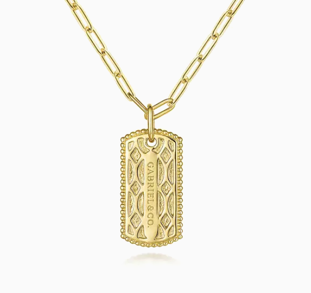 14K Yellow Gold Dog Tag Pendant Hollow Chain Necklace | Gabriel & Co. | Luby 