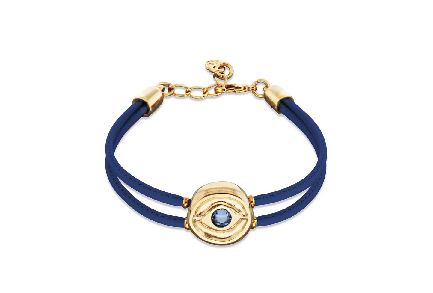 Double Blue Leather Metal Alloy Eye Detail Pleated Gold 18K Crystal Bracelet | Uno de 50 | Luby 