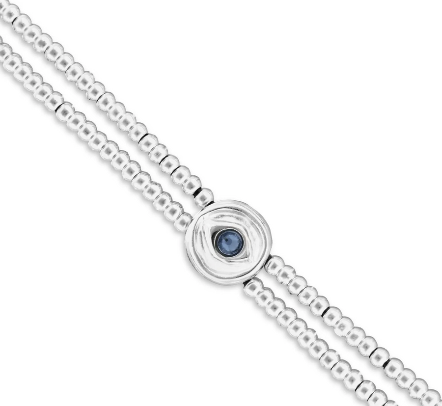 Metal Aloy Double Beaded Sterling Silver Eye Detail Blue Faceted Crystal Bracelet