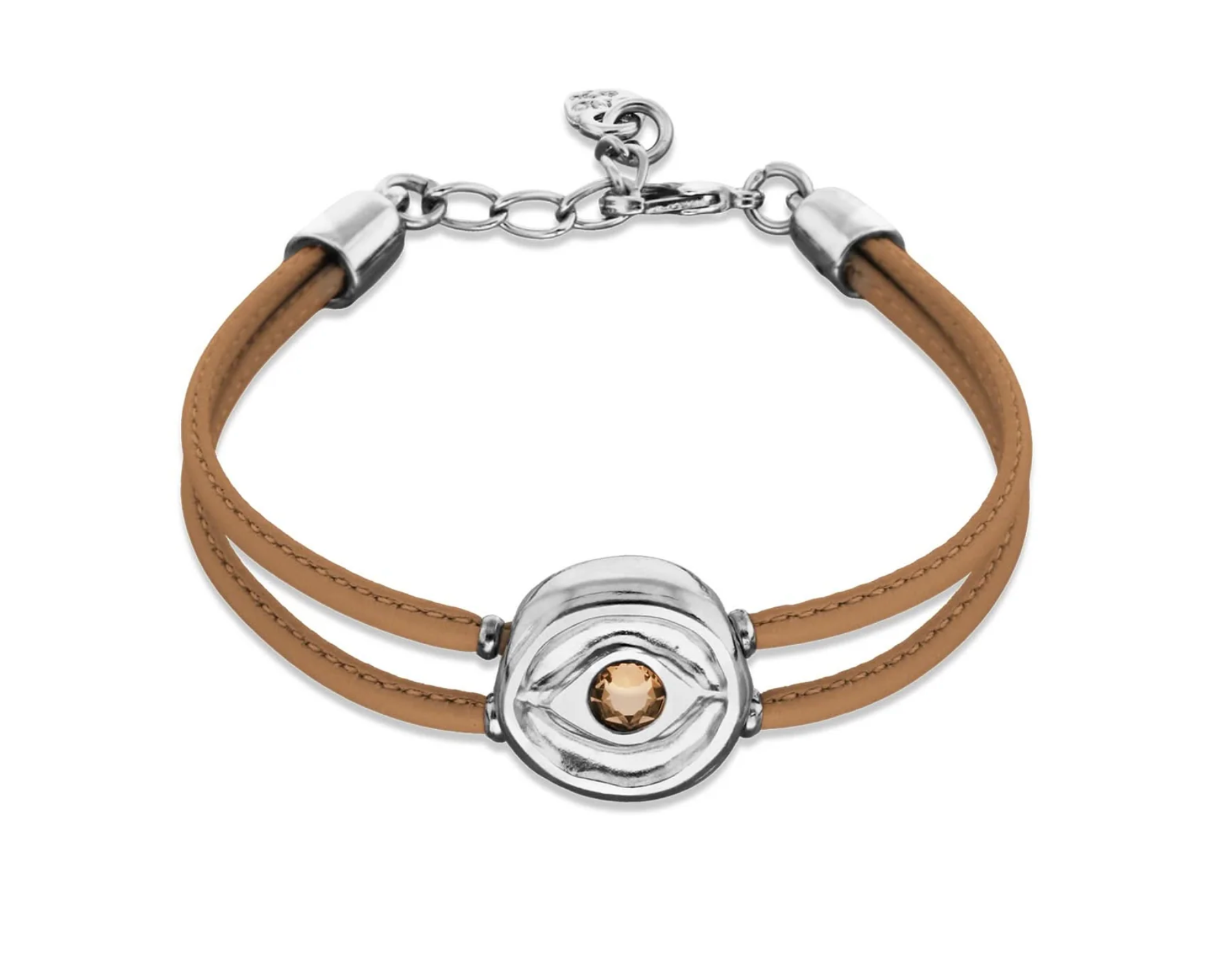 Double Cream Leather Metal Alloy Eye Detail Pleated Sterling Silver Crystal Bracelet | Uno de 50 | Luby 