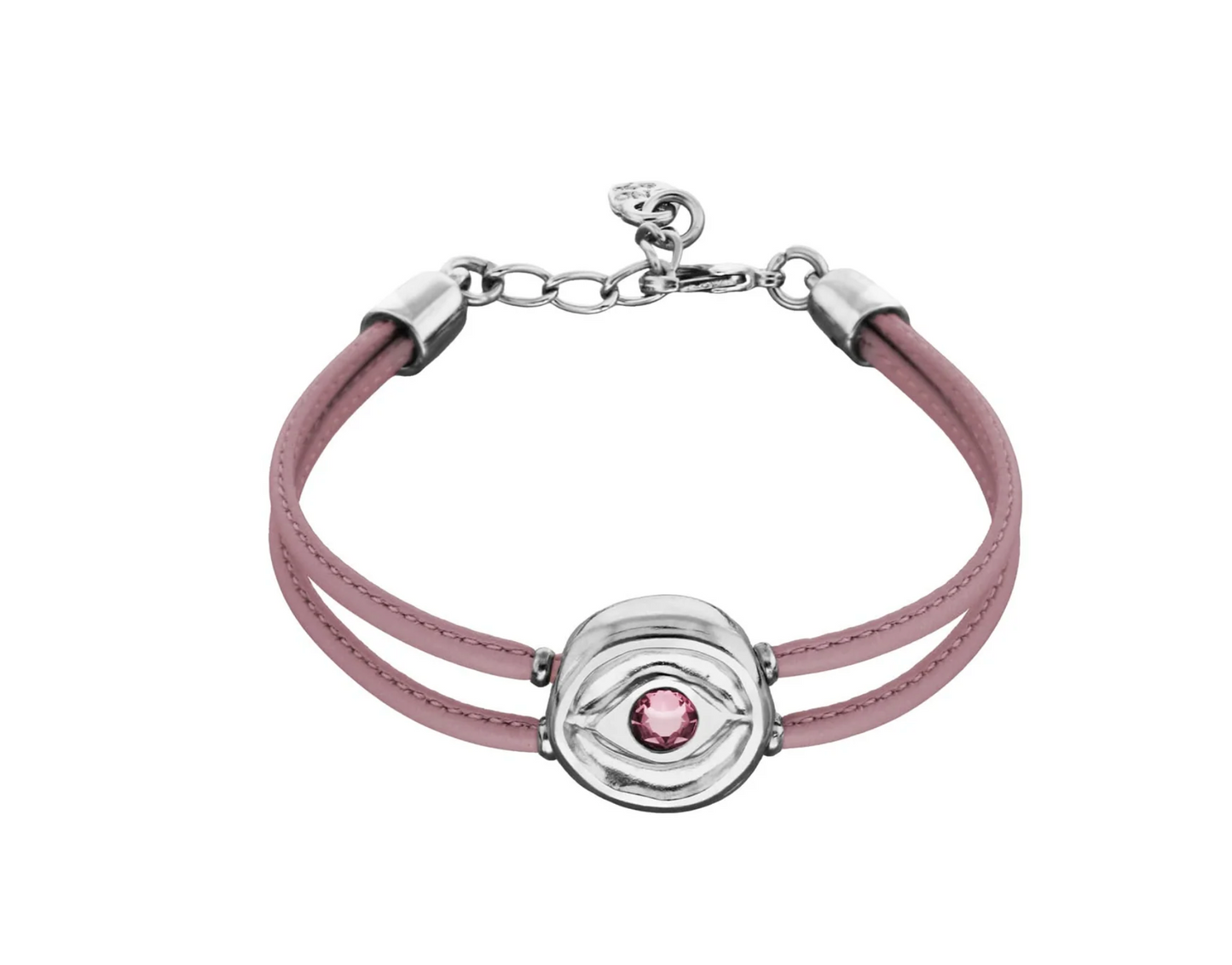 Double Lilac Leather Metal Alloy Eye Detail Pleated Sterling Silver Crystal Bracelet | Uno de 50 | Luby 