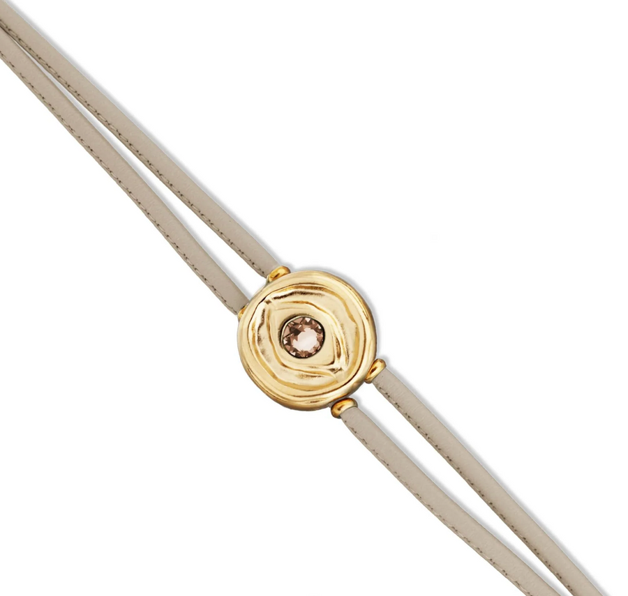 Double Marfil Leather Metal Alloy Eye Detail Pleated Gold 18K Crystal Bracelet