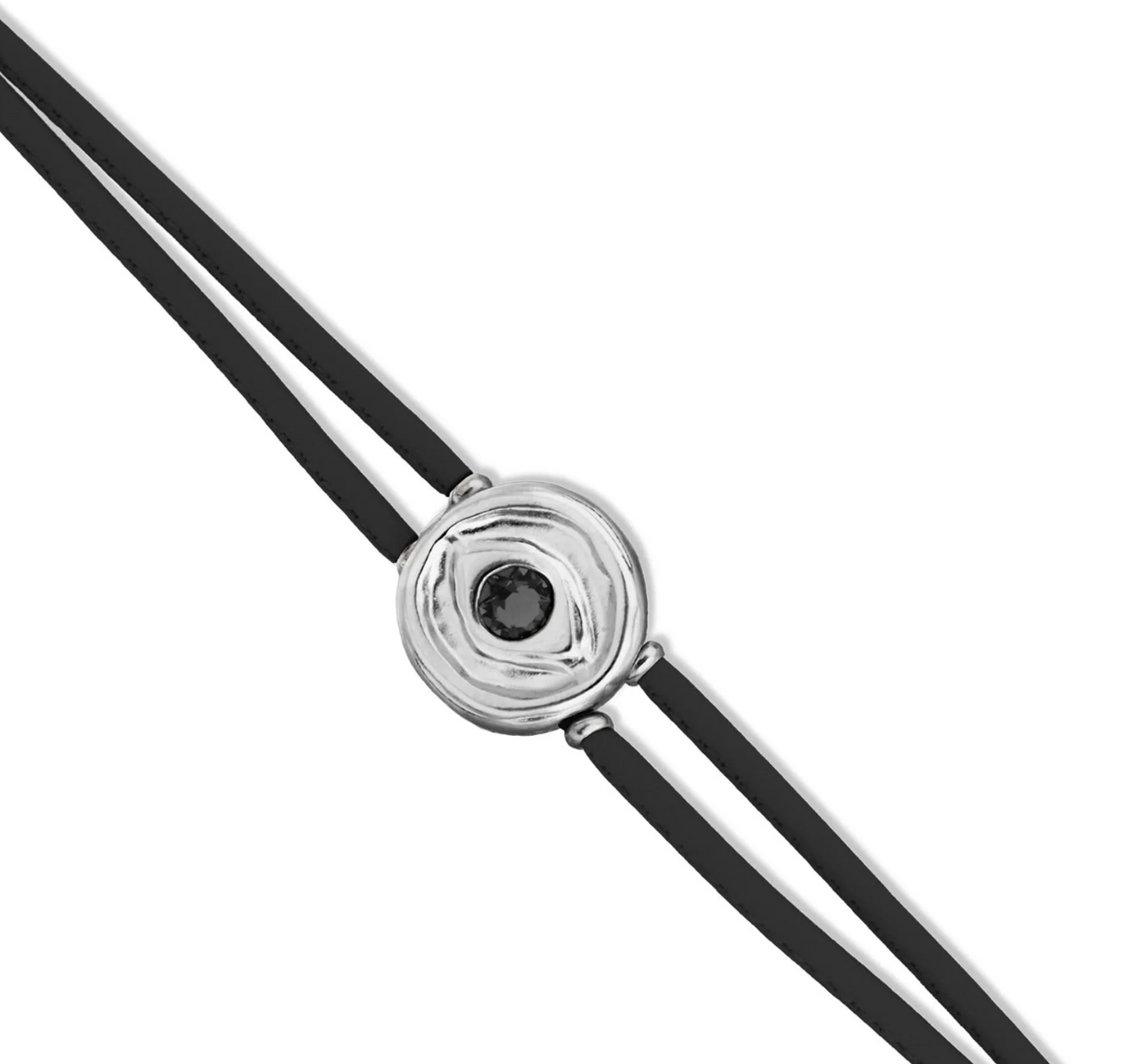 Double Black Leather Metal Alloy Eye Detail Pleated Sterling Silver Crystal Bracelet | Uno de 50 | Luby 