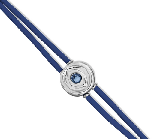 Double Dark Blue Leather Metal Alloy Eye Pleated Sterling Silver Crystal Bracelet | Uno de 50 | Luby 