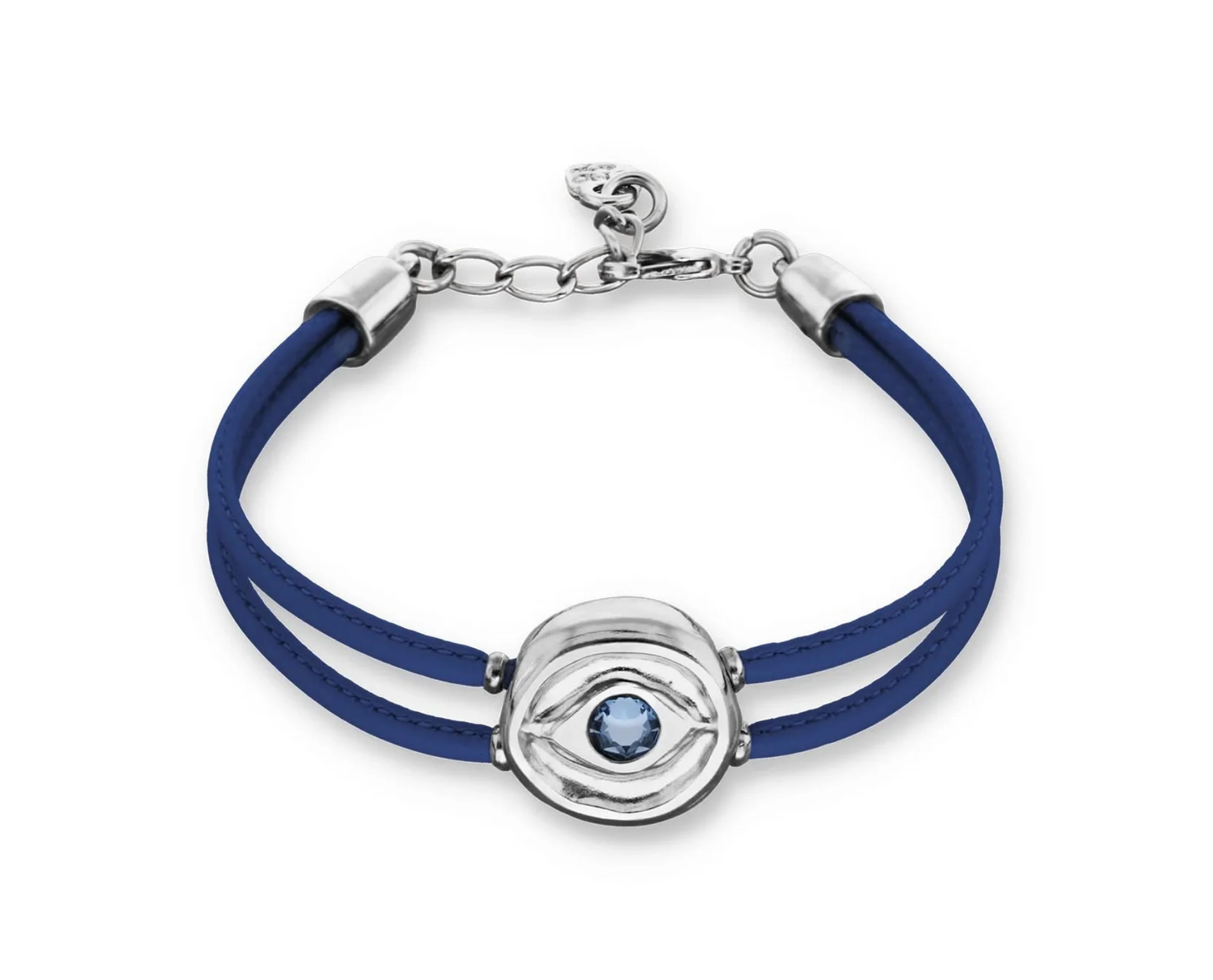 Double Dark Blue Leather Metal Alloy Eye Pleated Sterling Silver Crystal Bracelet | Uno de 50 | Luby 