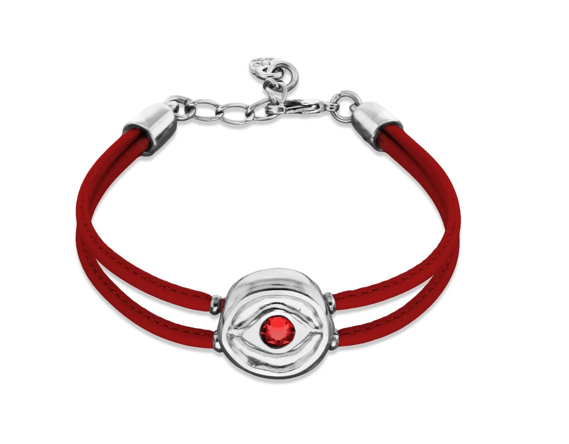 Double Red Leather Metal Alloy Eye Detail Pleated Sterling Silver Crystal Bracelet | Uno de 50 | Luby 