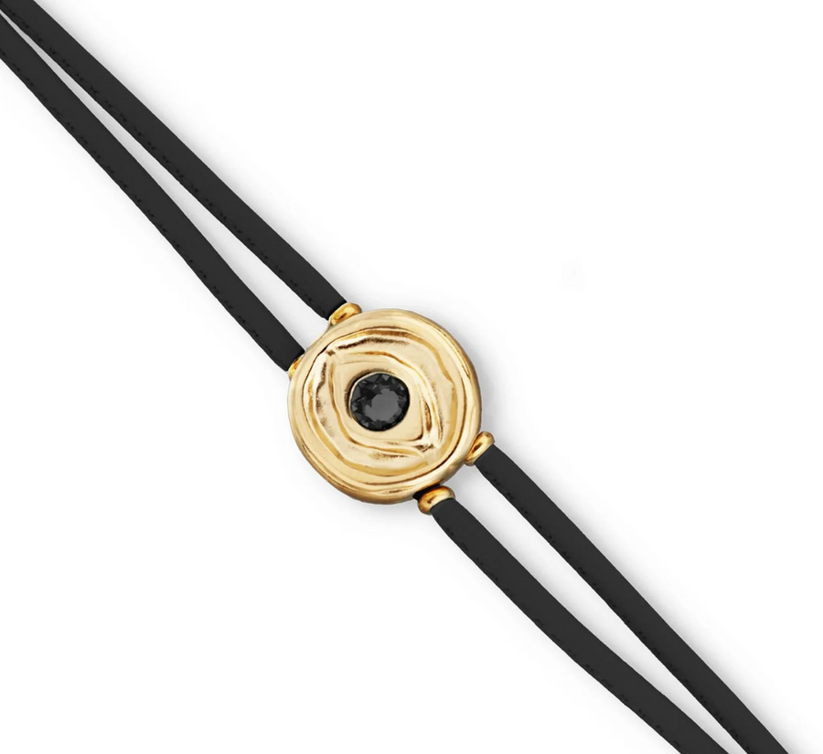 Double Black Leather Metal Alloy Eye Detail Pleated Gold 18K Crystal Bracelet