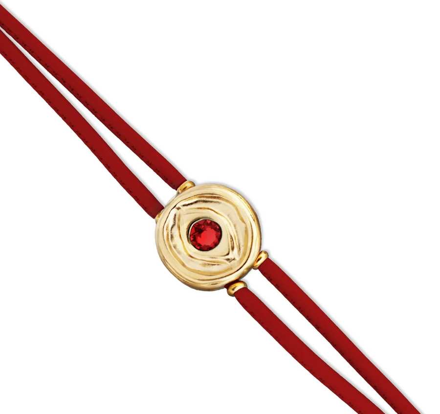 Double Red Leather Metal Alloy Eye Detail Pleated Gold 18K Crystal Bracelet