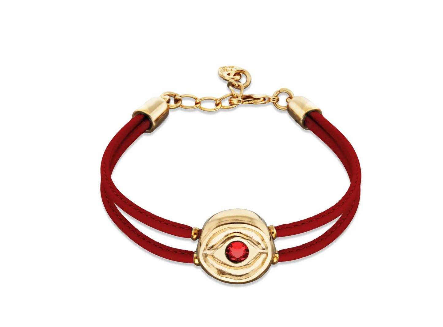 Double Red Leather Metal Alloy Eye Detail Pleated Gold 18K Crystal Bracelet | Uno de 50 | Luby 