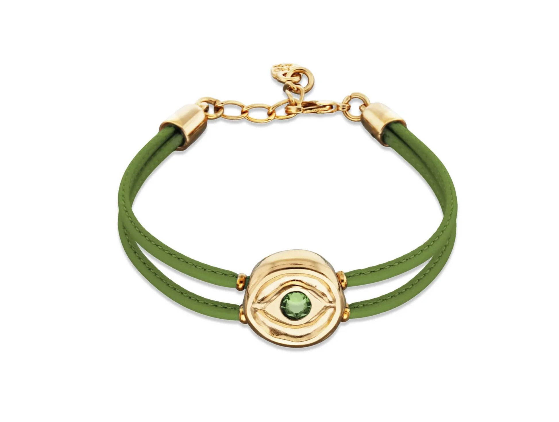 Double Green Leather Metal Alloy Eye Detail Pleated Gold 18K Crystal Bracelet | Uno de 50 | Luby 