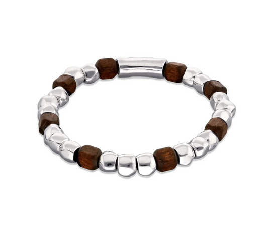 Metal Alloy Sterling Silver Plated And Wood Beaded Stretch Bracelet | Uno de 50 | Luby 