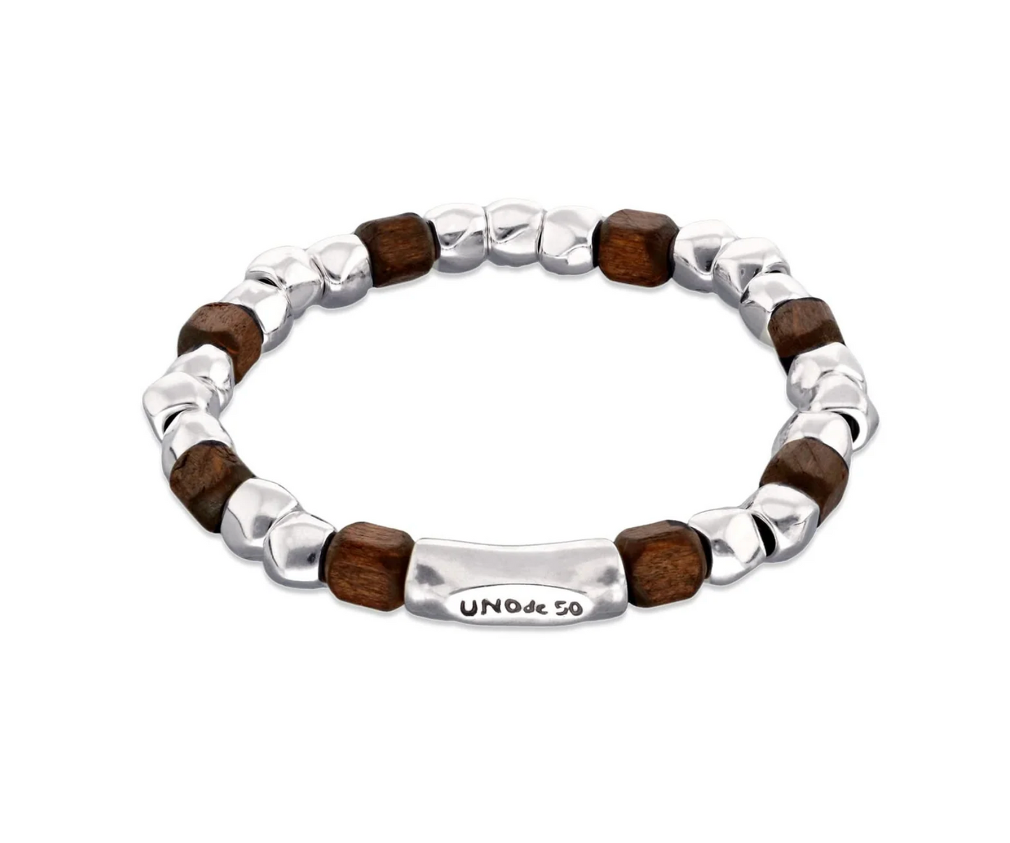 Metal Alloy Sterling Silver Plated And Wood Beaded Stretch Bracelet | Uno de 50 | Luby 