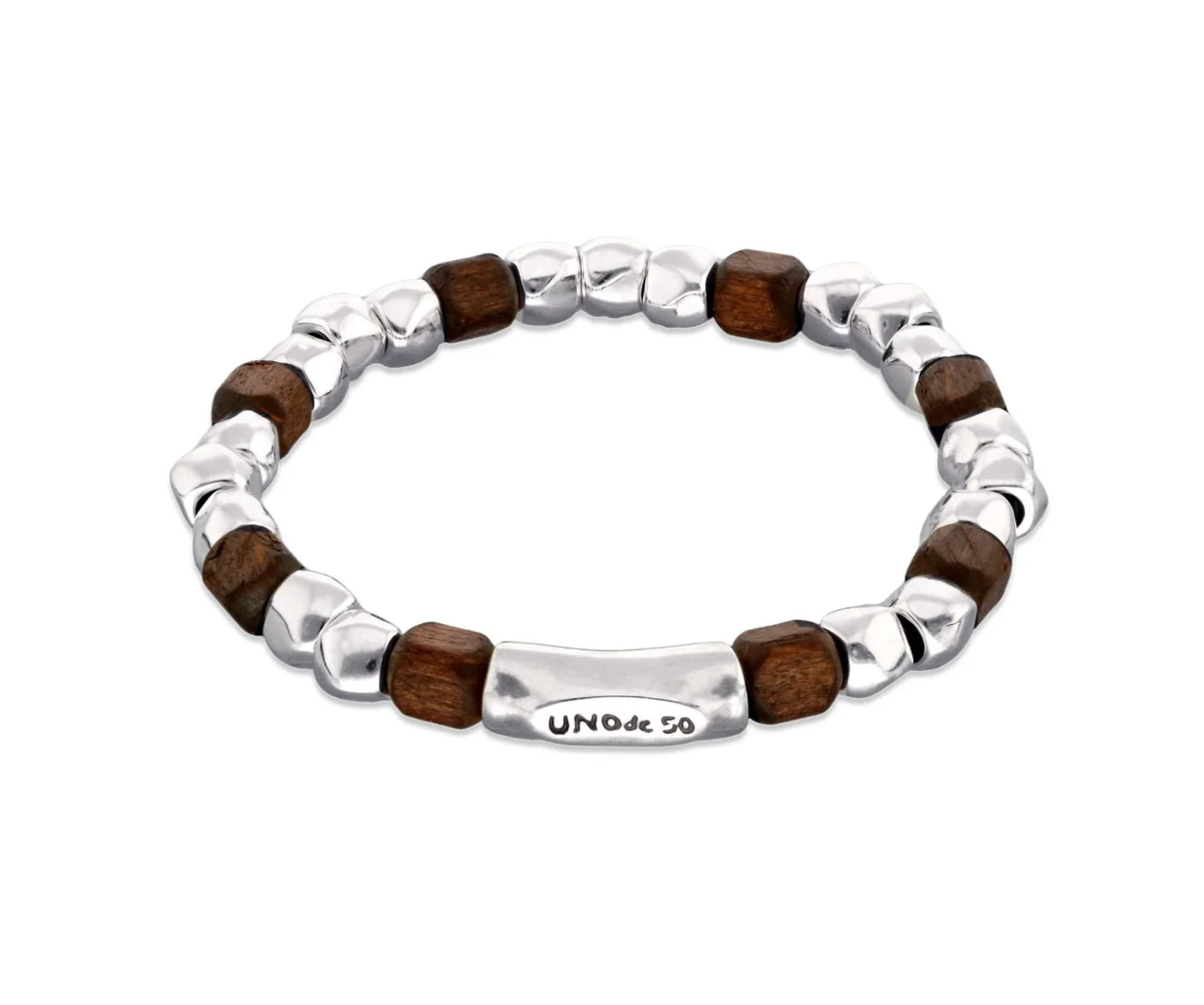 Metal Alloy Sterling Silver Plated And Wood Beaded Stretch Bracelet | Uno de 50 | Luby 
