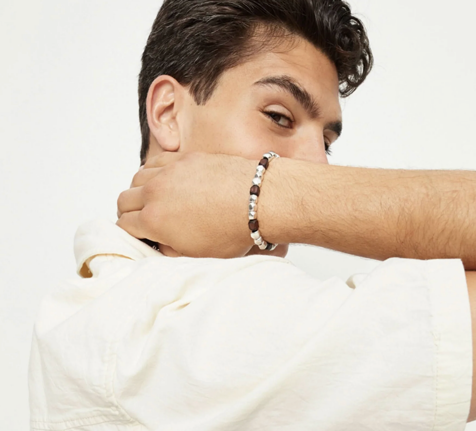 Metal Alloy Sterling Silver Plated And Wood Beaded Stretch Bracelet | Uno de 50 | Luby 